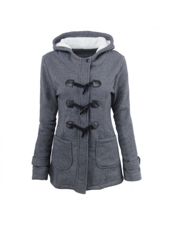 Female Coat Thick Horn Button Hooded Cotton Blend Women Jacket