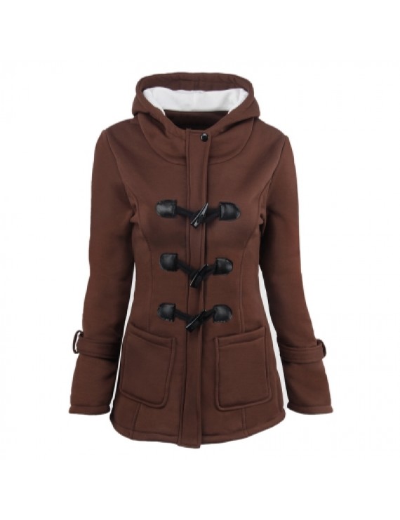 Female Coat Thick Horn Button Hooded Cotton Blend Women Jacket