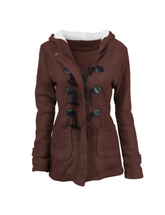 Female Coat Thick Horn Button Hooded Cotton Blend Women Jacket