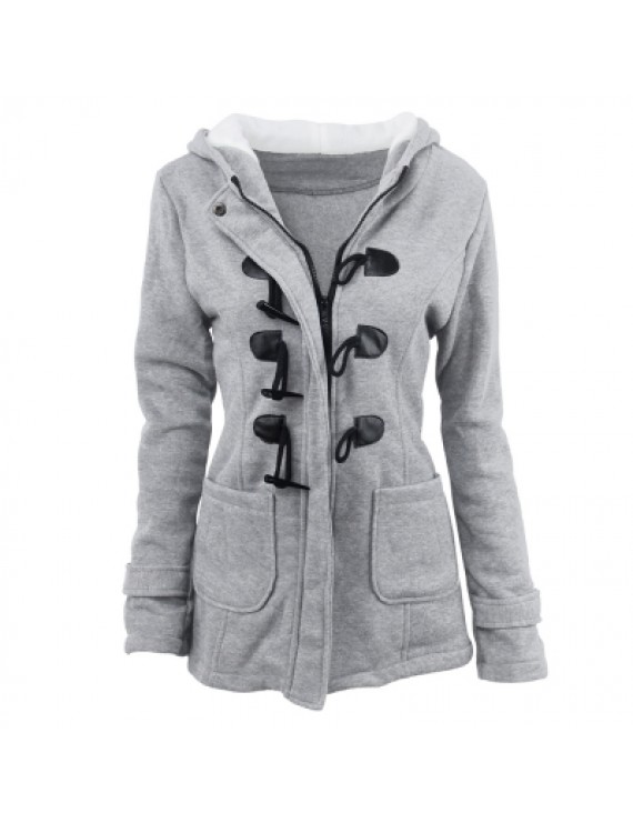 Female Coat Thick Horn Button Hooded Cotton Blend Women Jacket