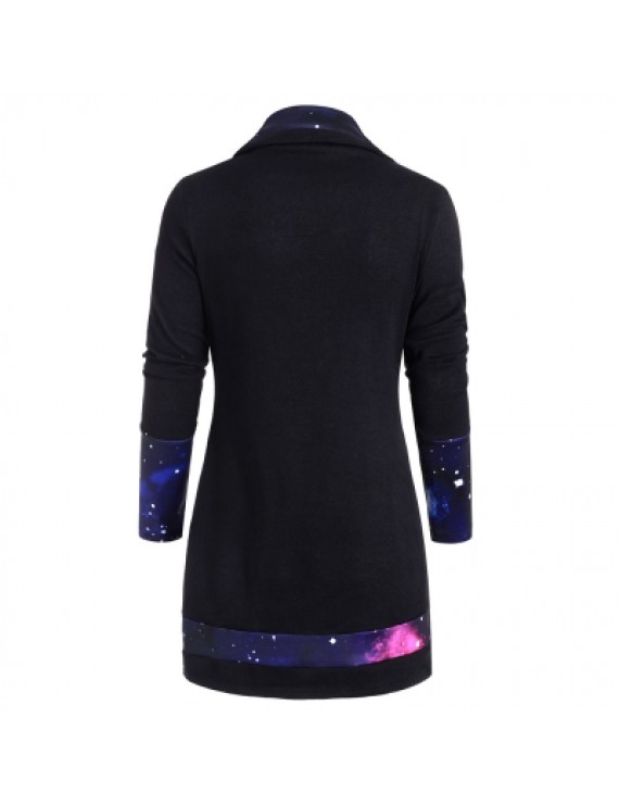 Galaxy Print Panel Mock Button Sweater