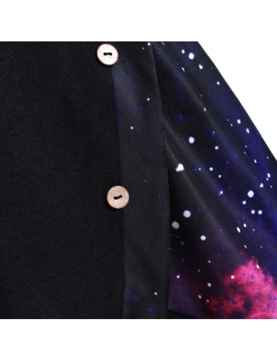 Galaxy Print Panel Mock Button Sweater