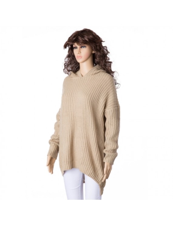 Hooded Long Sleeve Solid Color High-Low Hem Sweater