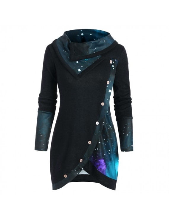 Galaxy Print Panel Mock Button Sweater