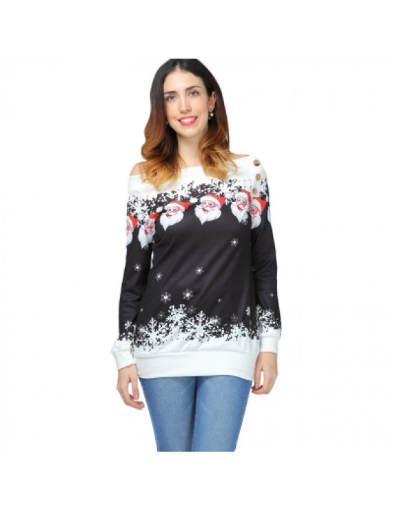 Santa Claus Snowflake Skew Neck Pullover Christmas Sweatshirt