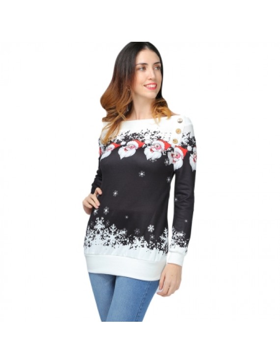 Santa Claus Snowflake Skew Neck Pullover Christmas Sweatshirt