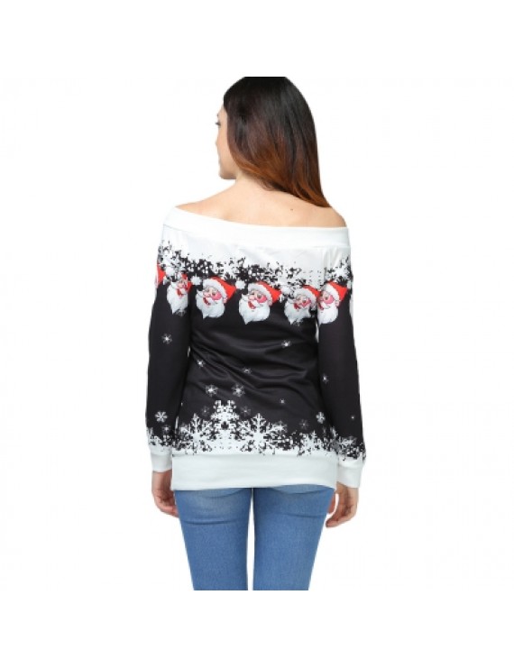 Santa Claus Snowflake Skew Neck Pullover Christmas Sweatshirt