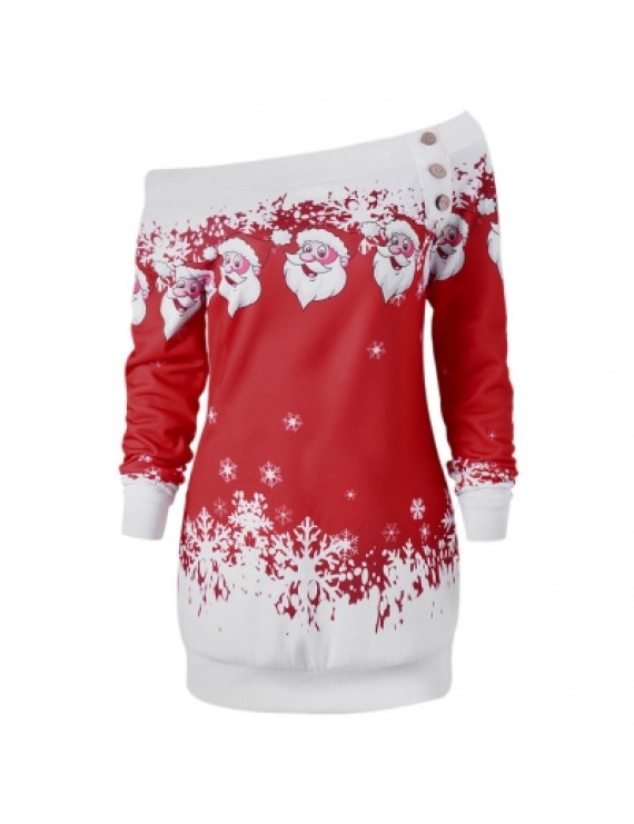 Santa Claus Snowflake Skew Neck Pullover Christmas Sweatshirt