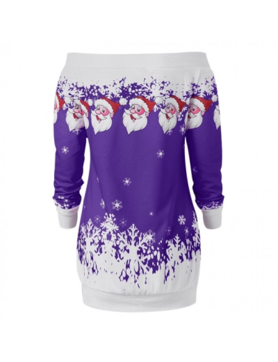 Santa Claus Snowflake Skew Neck Pullover Christmas Sweatshirt