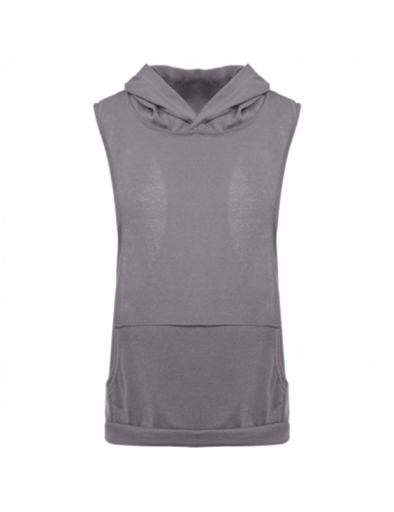 Hooded Sleeveless Front Pocket Solid Color Men T-Shirt